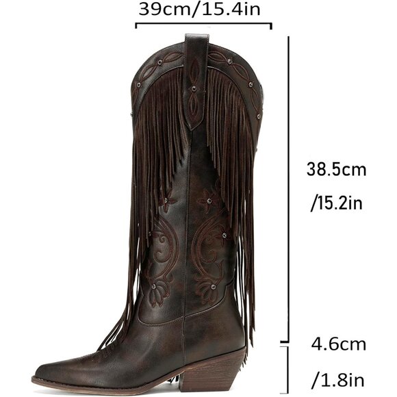 ⚡Women's Dark Brown Knee High Embroidery Rhinestones Cowgirl Boot Wide Calf - Picture 4 of 6